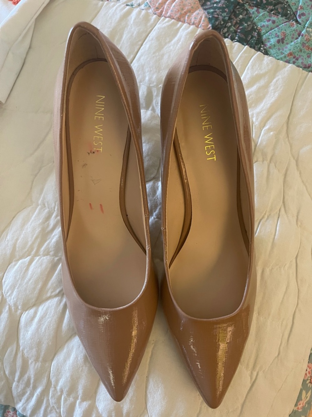 Nine West Tan Pointed-Toe Patent Pumps